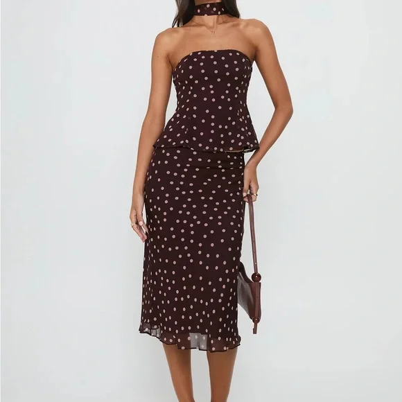 Princess Polly Strapless Brown Polka Dot Dress - Picture 1 of 5